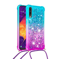 Samsung Galaxy A50用シリコンケース ソフトタッチラバー ブリンブリン カバー 携帯ストラップ S01 サムスン ブルー