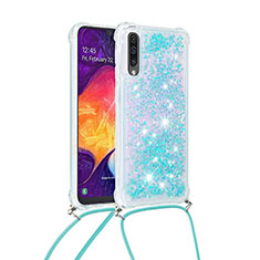 Samsung Galaxy A50S用シリコンケース ソフトタッチラバー ブリンブリン カバー 携帯ストラップ S03 サムスン ブルー