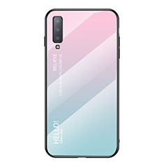 Samsung Galaxy A7 (2018) A750用ハイブリットバンパーケース プラスチック 鏡面 虹 グラデーション 勾配色 カバー サムスン シアン