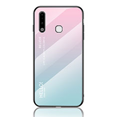 Samsung Galaxy A70E用ハイブリットバンパーケース プラスチック 鏡面 虹 グラデーション 勾配色 カバー LS1 サムスン シアン