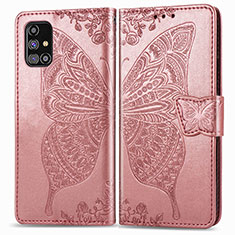 Samsung Galaxy M31s用手帳型 レザーケース スタンド バタフライ 蝶 カバー サムスン ピンク