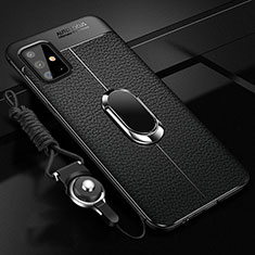 Samsung Galaxy M40S用シリコンケース ソフトタッチラバー レザー柄 アンド指輪 マグネット式 サムスン ブラック