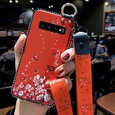 Samsung Galaxy S10用シリコンケース ソフトタッチラバー 花 カバー K02 サムスン レッド