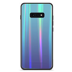 Samsung Galaxy S10e用ハイブリットバンパーケース プラスチック 鏡面 虹 グラデーション 勾配色 カバー H04 サムスン シアン