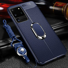 Samsung Galaxy S20 Ultra用シリコンケース ソフトタッチラバー レザー柄 アンド指輪 マグネット式 WL1 サムスン ネイビー