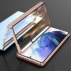 Samsung Galaxy S21 FE 5G用ケース 高級感 手触り良い アルミメタル 製の金属製 360度 フルカバーバンパー 鏡面 カバー M01 サムスン ゴールド