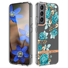 Samsung Galaxy S21 Plus 5G用シリコンケース ソフトタッチラバー 花 カバー サムスン シアン