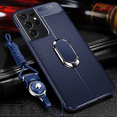 Samsung Galaxy S21 Ultra 5G用シリコンケース ソフトタッチラバー レザー柄 アンド指輪 マグネット式 サムスン ネイビー