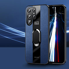 Samsung Galaxy S21 Ultra 5G用シリコンケース ソフトタッチラバー レザー柄 アンド指輪 マグネット式 S03 サムスン ネイビー