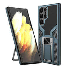 Samsung Galaxy S22 Ultra 5G用ハイブリットバンパーケース スタンド プラスチック 兼シリコーン カバー マグネット式 A05 サムスン シアン