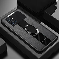 Vivo iQOO 9 Pro 5G用シリコンケース ソフトタッチラバー レザー柄 アンド指輪 マグネット式 Vivo ブラック