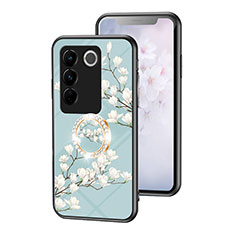 Vivo V27 5G用ハイブリットバンパーケース プラスチック 鏡面 花 カバー S01 Vivo シアン