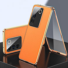 Vivo V27e 5G用360度 フルカバー ケース 高級感 手触り良い アルミメタル 製の金属製 と レザー Vivo オレンジ
