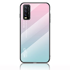 Vivo Y12s (2021)用ハイブリットバンパーケース プラスチック 鏡面 虹 グラデーション 勾配色 カバー LS1 Vivo シアン