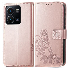 Vivo Y35 4G用手帳型 レザーケース スタンド 花 カバー Vivo ピンク