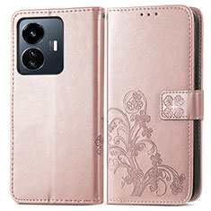 Vivo Y77 5G用手帳型 レザーケース スタンド 花 カバー Vivo ピンク