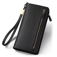 Huawei Enjoy 9s用カイコハンドバッグ ポーチ 財布型ケース レザー ユニバーサル T01 ブラック
