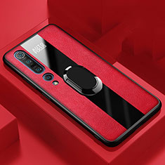 Xiaomi Mi 10 Pro用シリコンケース ソフトタッチラバー レザー柄 アンド指輪 マグネット式 Xiaomi レッド