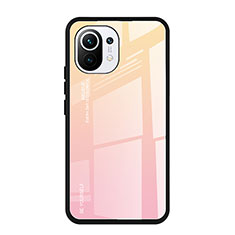 Xiaomi Mi 11 Lite 5G用ハイブリットバンパーケース プラスチック 鏡面 虹 グラデーション 勾配色 カバー H01 Xiaomi ピンク
