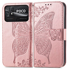 Xiaomi Poco C40用手帳型 レザーケース スタンド バタフライ 蝶 カバー Xiaomi ピンク