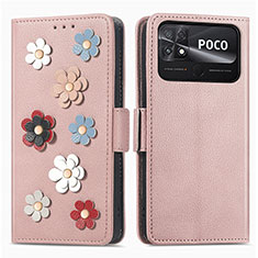 Xiaomi Poco C40用手帳型 レザーケース スタンド 花 カバー S02D Xiaomi ローズゴールド