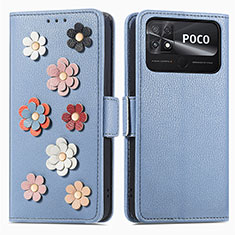 Xiaomi Poco C40用手帳型 レザーケース スタンド 花 カバー S02D Xiaomi ネイビー