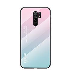 Xiaomi Poco M2用ハイブリットバンパーケース プラスチック 鏡面 虹 グラデーション 勾配色 カバー LS1 Xiaomi シアン