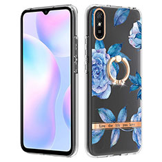 Xiaomi Redmi 9AT用シリコンケース ソフトタッチラバー バタフライ パターン カバー アンド指輪 Y06B Xiaomi ネイビー