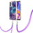 Samsung Galaxy A32 5G用シリコンケース ソフトタッチラバー バタフライ パターン カバー 携帯ストラップ YB7 サムスン パープル