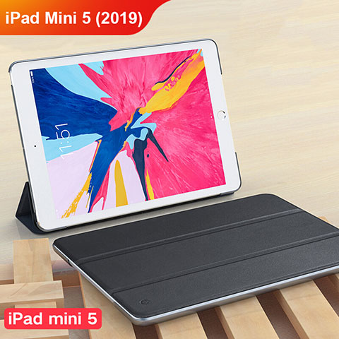 Apple iPad Mini 5 (2019)用手帳型 レザーケース スタンド アップル ブラック