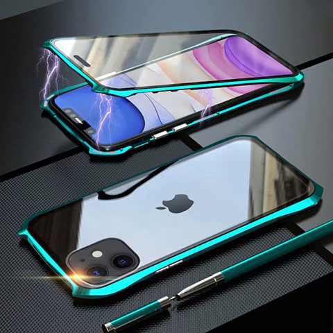 Apple iPhone 11用ケース 高級感 手触り良い アルミメタル 製の金属製 360度 フルカバーバンパー 鏡面 カバー M06 アップル シアン