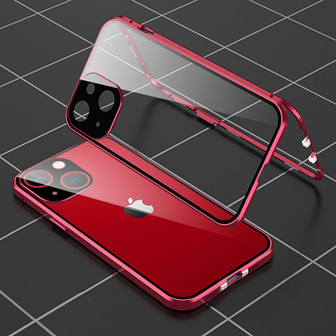 Apple iPhone 13用ケース 高級感 手触り良い アルミメタル 製の金属製 360度 フルカバーバンパー 鏡面 カバー M04 アップル レッド