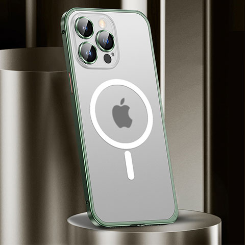 Apple iPhone 13 Pro用ケース 高級感 手触り良い メタル兼プラスチック バンパー Mag-Safe 磁気 Magnetic JL2 アップル グリーン