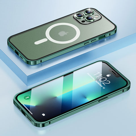 Apple iPhone 13 Pro用ケース 高級感 手触り良い メタル兼プラスチック バンパー Mag-Safe 磁気 Magnetic LF1 アップル グリーン