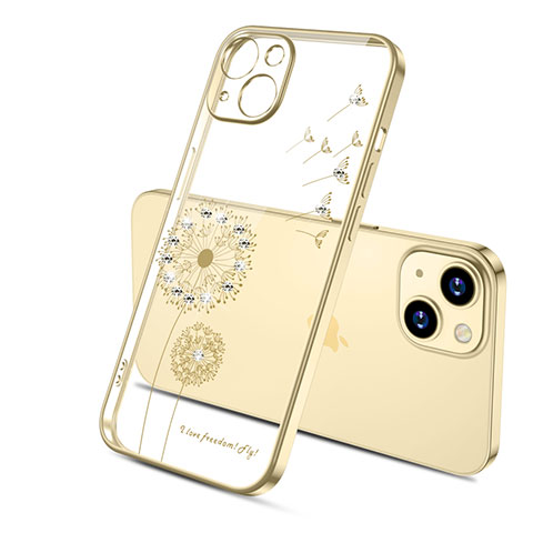 Apple iPhone 14用極薄ソフトケース シリコンケース 耐衝撃 全面保護 クリア透明 花 アップル ゴールド