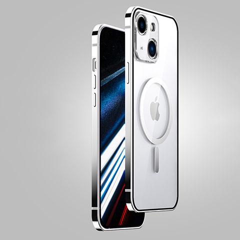 Apple iPhone 14用ケース 高級感 手触り良い メタル兼プラスチック バンパー Mag-Safe 磁気 Magnetic JB1 アップル シルバー