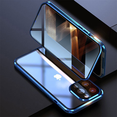 Apple iPhone 14 Pro用ケース 高級感 手触り良い アルミメタル 製の金属製 360度 フルカバーバンパー 鏡面 カバー M08 アップル ネイビー