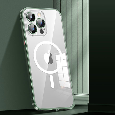 Apple iPhone 14 Pro用ケース 高級感 手触り良い メタル兼プラスチック バンパー Mag-Safe 磁気 Magnetic JL1 アップル グリーン