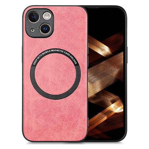 Apple iPhone 15用シリコンケース ソフトタッチラバー レザー柄 アンドマグネット式 S02D アップル ピンク