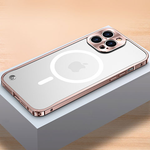 Apple iPhone 15 Pro用ケース 高級感 手触り良い メタル兼プラスチック バンパー Mag-Safe 磁気 Magnetic QC1 アップル ローズゴールド