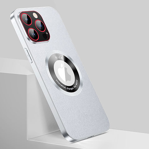 Apple iPhone 15 Pro Max用ケース 高級感 手触り良いレザー柄 Mag-Safe 磁気 Magnetic QC1 アップル シルバー