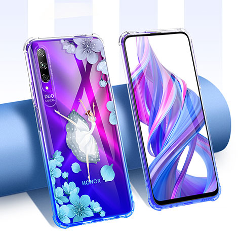 Huawei Honor 9X Pro用極薄ソフトケース シリコンケース 耐衝撃 全面保護 クリア透明 花 T01 ファーウェイ ネイビー