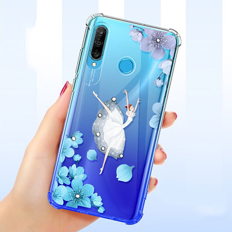 Huawei Nova 4e用極薄ソフトケース シリコンケース 耐衝撃 全面保護 クリア透明 花 ファーウェイ ネイビー