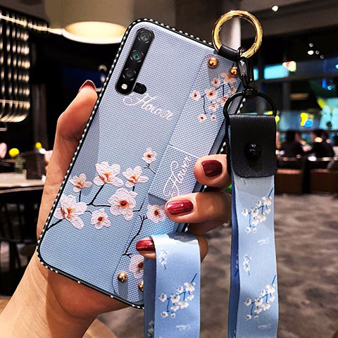 Huawei Nova 5用シリコンケース ソフトタッチラバー 花 カバー S03 ファーウェイ ブルー