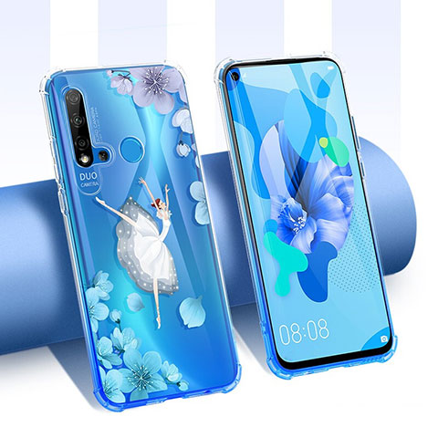 Huawei Nova 5i用極薄ソフトケース シリコンケース 耐衝撃 全面保護 クリア透明 花 T01 ファーウェイ ネイビー