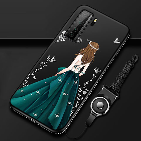 Huawei Nova 7 SE 5G用シリコンケース ソフトタッチラバー バタフライ ドレスガール ドレス少女 カバー K01 ファーウェイ グリーン