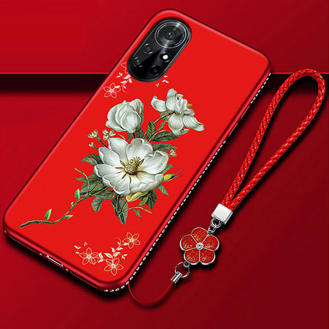Huawei Nova 8 Pro 5G用シリコンケース ソフトタッチラバー 花 カバー ファーウェイ レッド