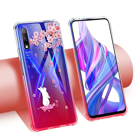 Huawei P Smart Z (2019)用極薄ソフトケース シリコンケース 耐衝撃 全面保護 クリア透明 花 T01 ファーウェイ レッド