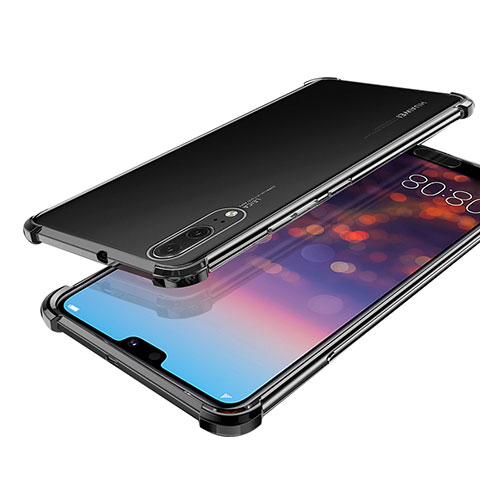 Huawei P20用極薄ソフトケース シリコンケース 耐衝撃 全面保護 クリア透明 H03 ファーウェイ ブラック