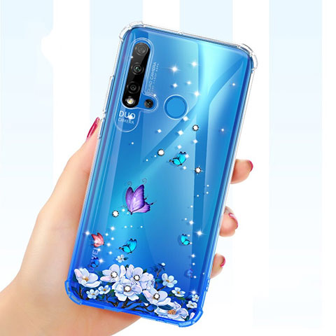 Huawei P20 Lite (2019)用極薄ソフトケース シリコンケース 耐衝撃 全面保護 クリア透明 花 ファーウェイ パープル